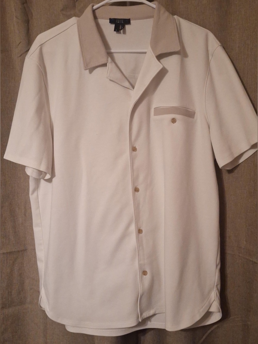 PAIGE Cream Short-Sleeve Button-Down Shirt with Contrast Collar